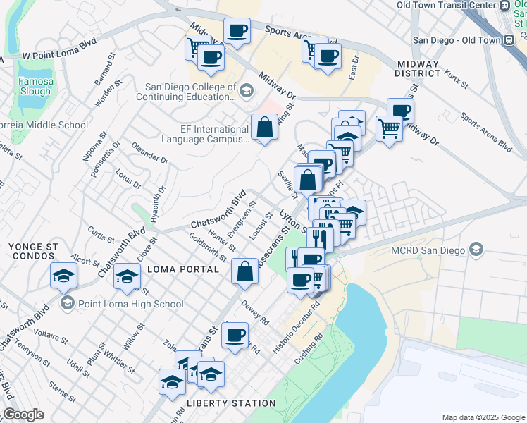 map of restaurants, bars, coffee shops, grocery stores, and more near 3114 Kingsley Street in San Diego
