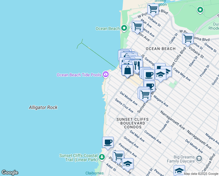 map of restaurants, bars, coffee shops, grocery stores, and more near 5059-2 Del Monte Avenue in San Diego