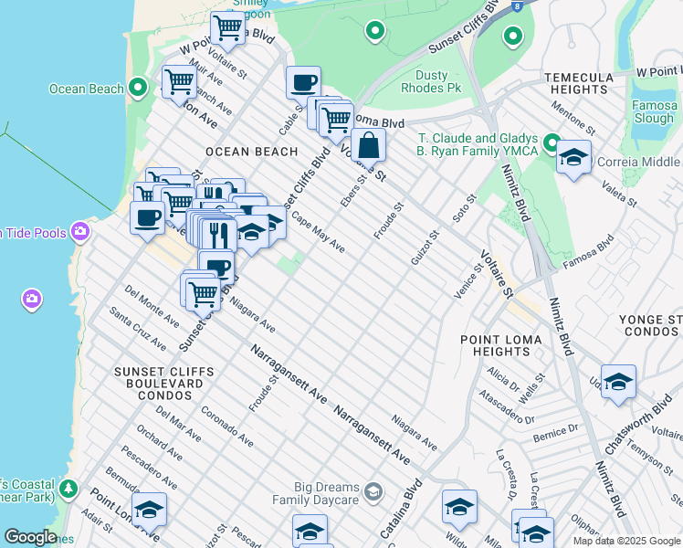 map of restaurants, bars, coffee shops, grocery stores, and more near 4614 Saratoga Avenue in San Diego