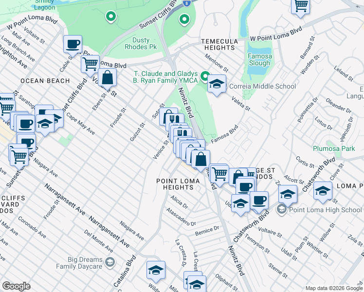 map of restaurants, bars, coffee shops, grocery stores, and more near Whittier Street in San Diego