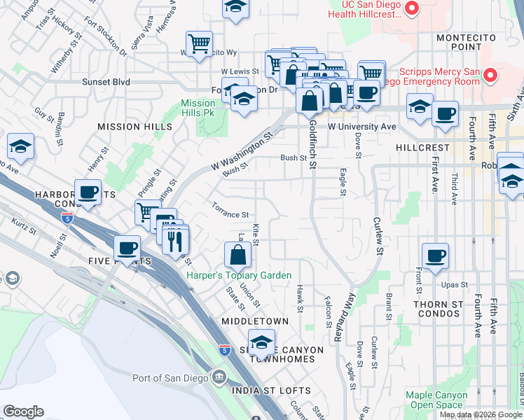 map of restaurants, bars, coffee shops, grocery stores, and more near 3688 Jackdaw Street in San Diego