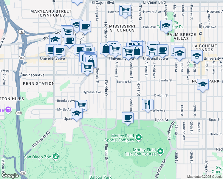 map of restaurants, bars, coffee shops, grocery stores, and more near 3674 Alabama Street in San Diego
