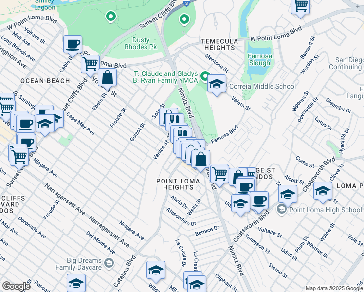 map of restaurants, bars, coffee shops, grocery stores, and more near 4294 Voltaire Street in San Diego