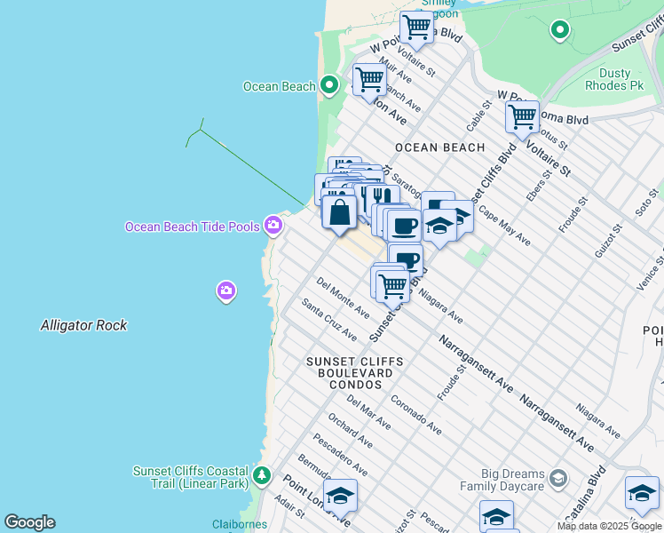 map of restaurants, bars, coffee shops, grocery stores, and more near 4972 Narragansett Avenue in San Diego