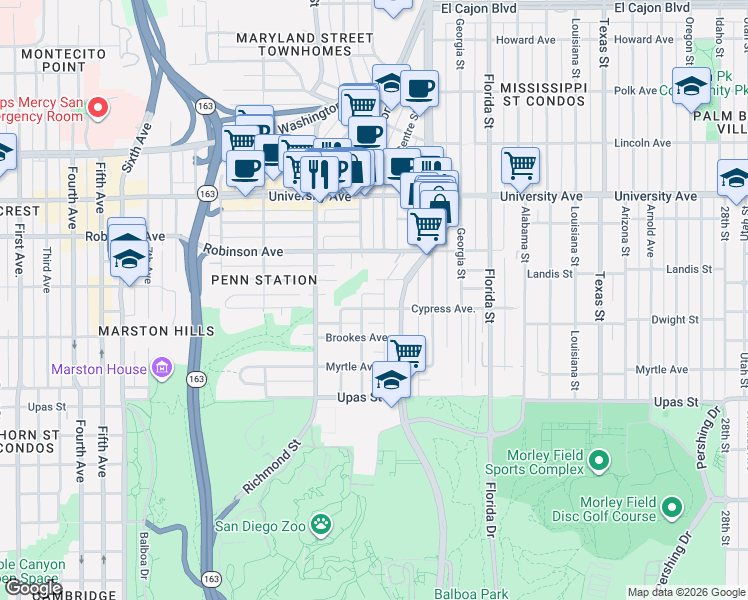 map of restaurants, bars, coffee shops, grocery stores, and more near 1622 Herbert Place in San Diego