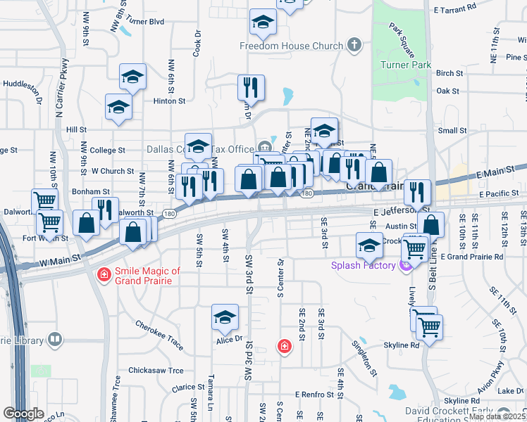 map of restaurants, bars, coffee shops, grocery stores, and more near 110 SW 2nd St in Grand Prairie