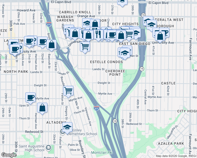 map of restaurants, bars, coffee shops, grocery stores, and more near 3626 36th Street in San Diego