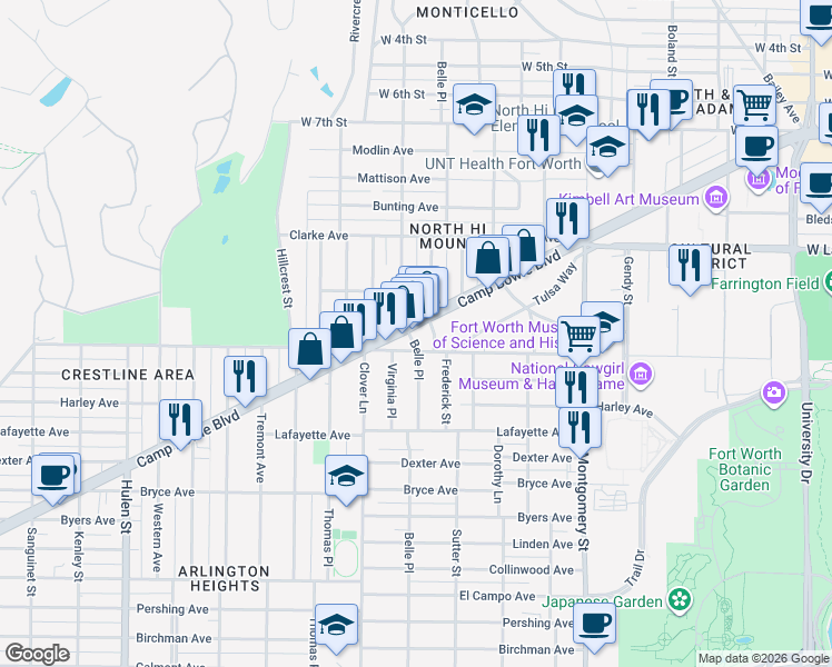 map of restaurants, bars, coffee shops, grocery stores, and more near 4000 Camp Bowie Boulevard in Fort Worth
