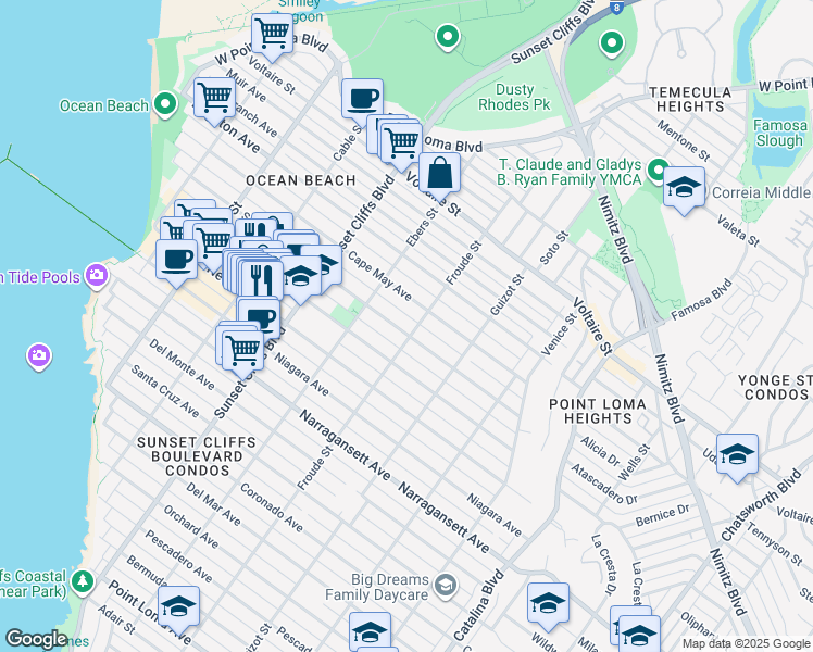 map of restaurants, bars, coffee shops, grocery stores, and more near 4614 Saratoga Avenue in San Diego