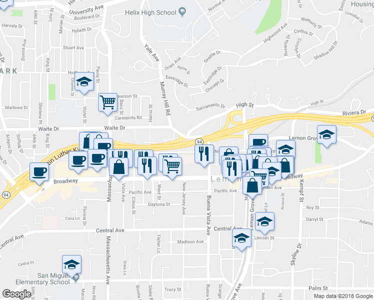 map of restaurants, bars, coffee shops, grocery stores, and more near 7500 North Avenue in Lemon Grove