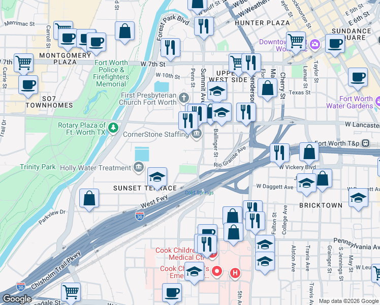 map of restaurants, bars, coffee shops, grocery stores, and more near 1330 Summit Avenue in Fort Worth