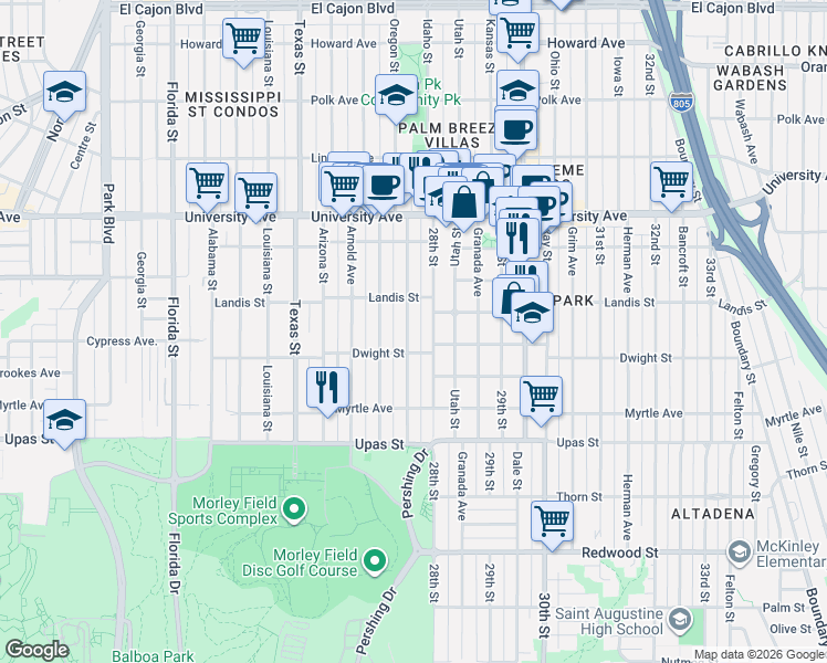 map of restaurants, bars, coffee shops, grocery stores, and more near 3660 Pershing Avenue in San Diego