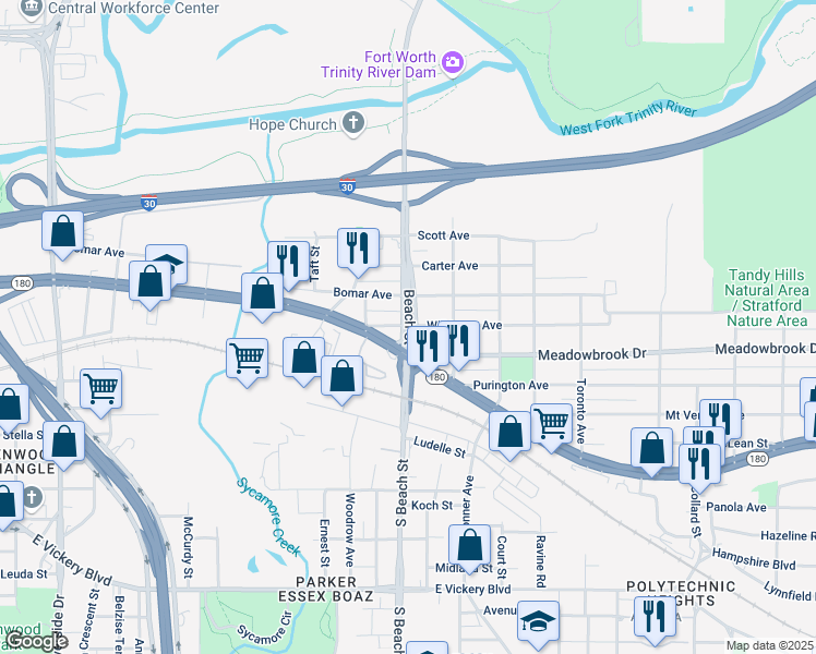 map of restaurants, bars, coffee shops, grocery stores, and more near 2529 Wilkinson Avenue in Fort Worth