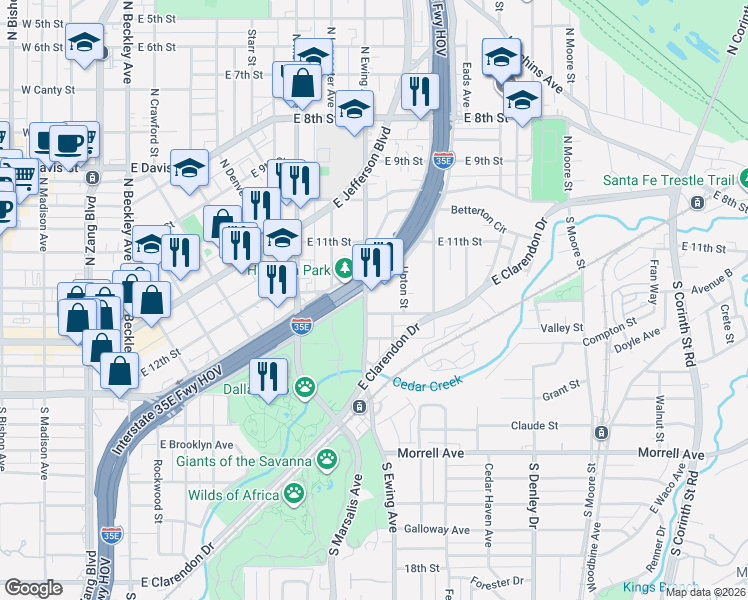 map of restaurants, bars, coffee shops, grocery stores, and more near 632 S R L Thornton Fwy in Dallas