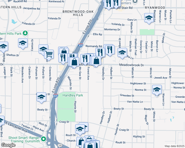 map of restaurants, bars, coffee shops, grocery stores, and more near 2401 Forest Avenue in Fort Worth