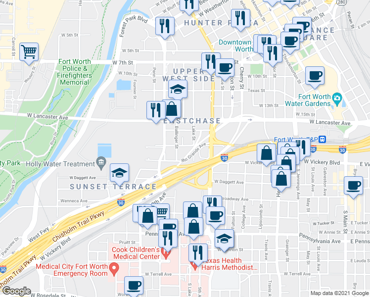 map of restaurants, bars, coffee shops, grocery stores, and more near 1320 Lake Street in Fort Worth