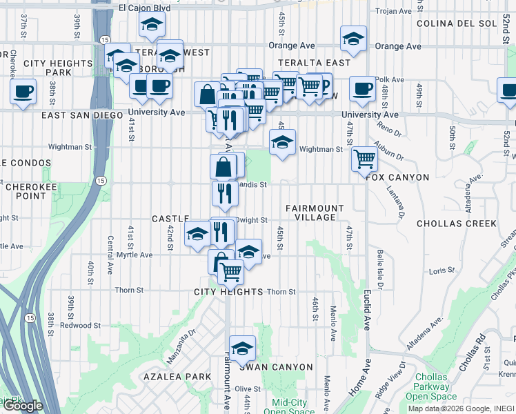 map of restaurants, bars, coffee shops, grocery stores, and more near 3654 Highland Avenue in San Diego