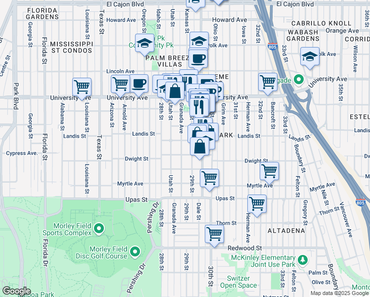 map of restaurants, bars, coffee shops, grocery stores, and more near 3636 Granada Avenue in San Diego