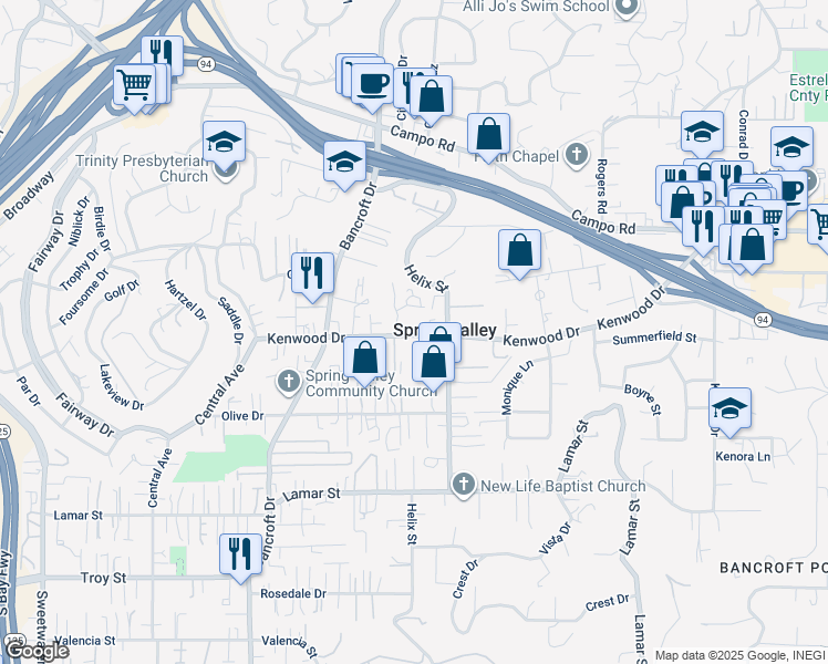 map of restaurants, bars, coffee shops, grocery stores, and more near 9210 Kenwood Drive in Spring Valley