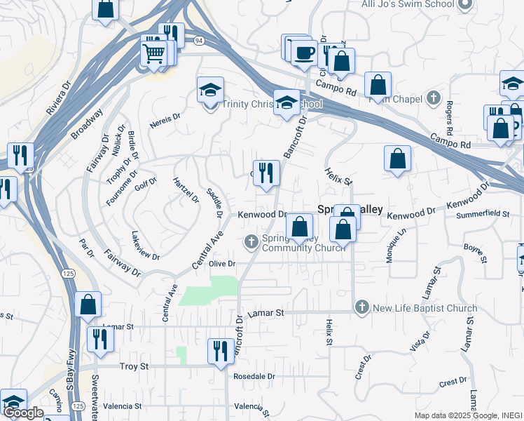 map of restaurants, bars, coffee shops, grocery stores, and more near 3519 Gracia Paseo in Spring Valley