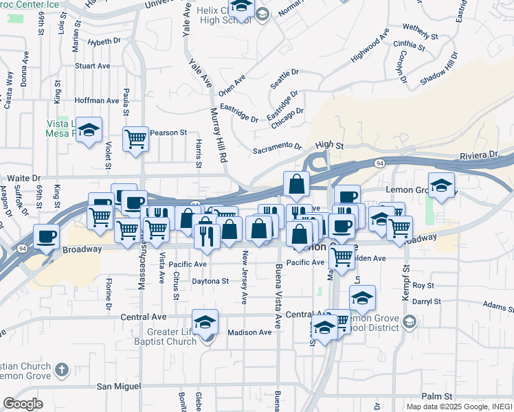 map of restaurants, bars, coffee shops, grocery stores, and more near 7500 North Avenue in Lemon Grove