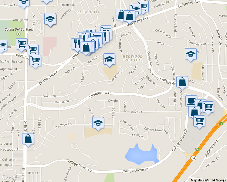 map of restaurants, bars, coffee shops, grocery stores, and more near 5964 Streamview Drive in San Diego