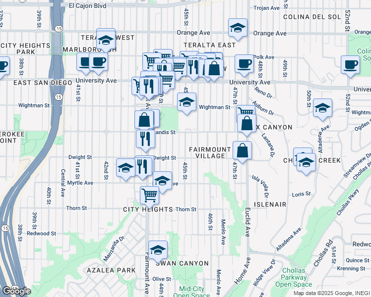map of restaurants, bars, coffee shops, grocery stores, and more near 3651 45th Street in San Diego