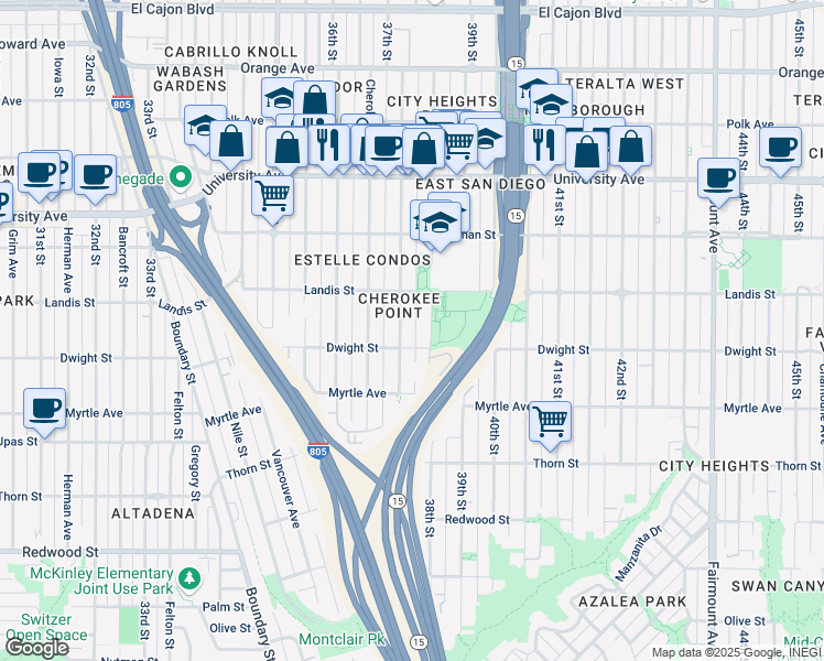 map of restaurants, bars, coffee shops, grocery stores, and more near 3650 38th Street in San Diego