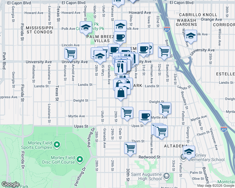 map of restaurants, bars, coffee shops, grocery stores, and more near 3644 30th Street in San Diego