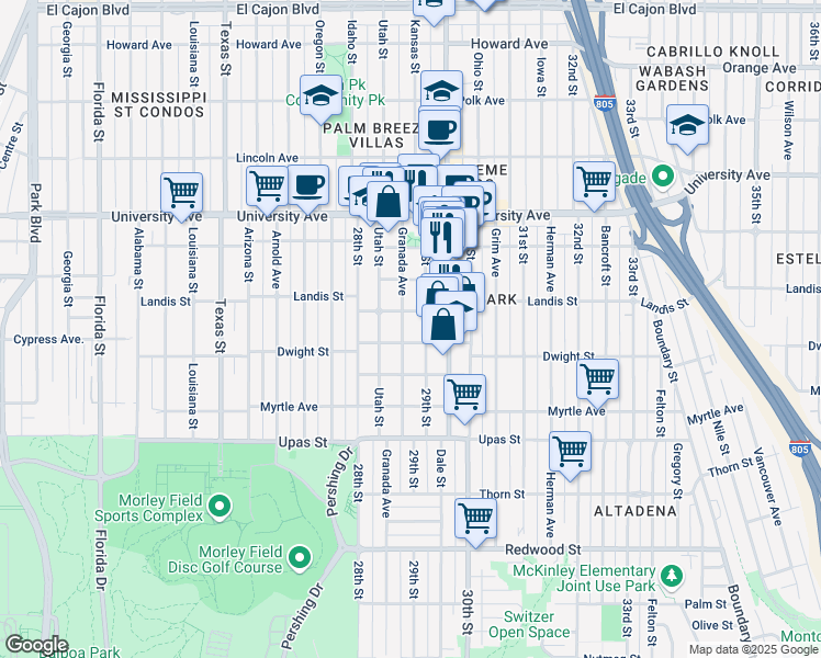 map of restaurants, bars, coffee shops, grocery stores, and more near 3636 Granada Avenue in San Diego