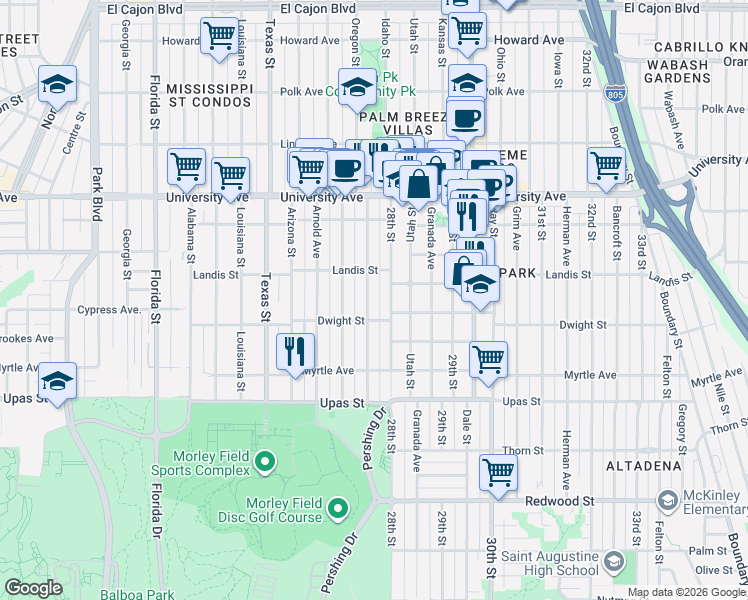 map of restaurants, bars, coffee shops, grocery stores, and more near 3660 Pershing Avenue in San Diego