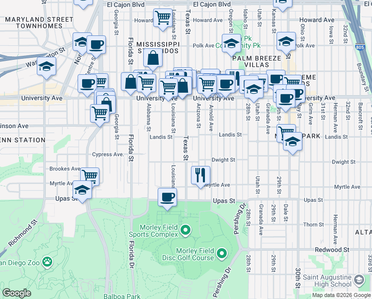map of restaurants, bars, coffee shops, grocery stores, and more near 3672 Texas Street in San Diego