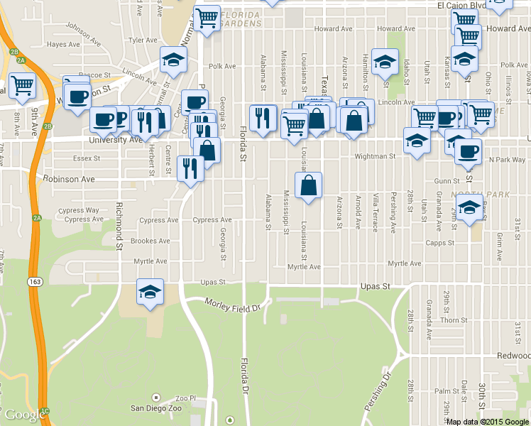 map of restaurants, bars, coffee shops, grocery stores, and more near 3674 Alabama Street in San Diego