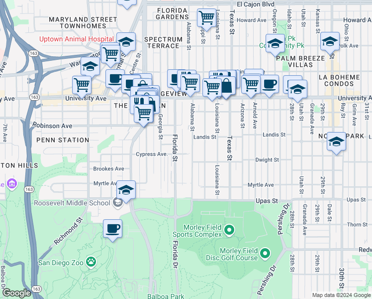 map of restaurants, bars, coffee shops, grocery stores, and more near 3674 Alabama Street in San Diego