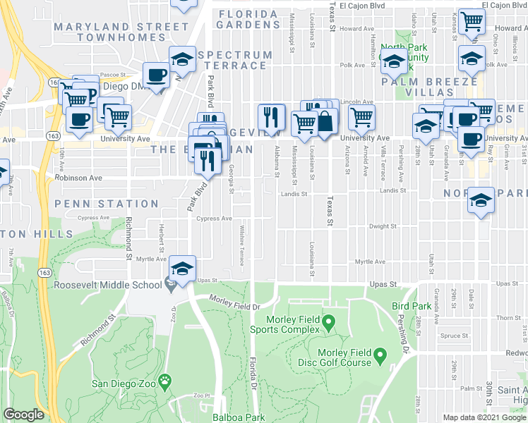 map of restaurants, bars, coffee shops, grocery stores, and more near 3674 Alabama Street in San Diego