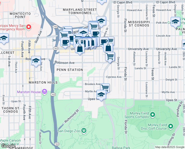 map of restaurants, bars, coffee shops, grocery stores, and more near 1437 Pennsylvania Avenue in San Diego