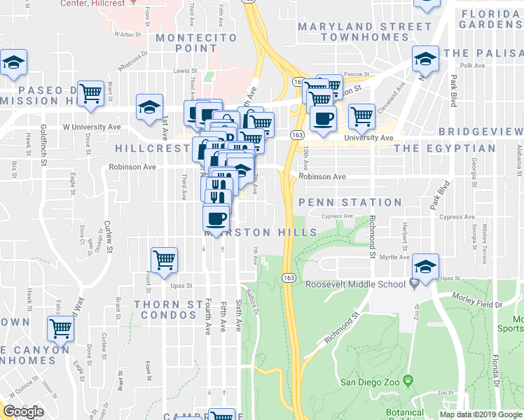 map of restaurants, bars, coffee shops, grocery stores, and more near 736 Pennsylvania Avenue in San Diego