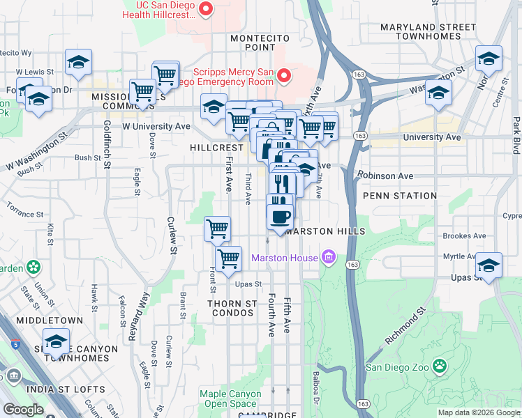 map of restaurants, bars, coffee shops, grocery stores, and more near 329 Pennsylvania Avenue in San Diego