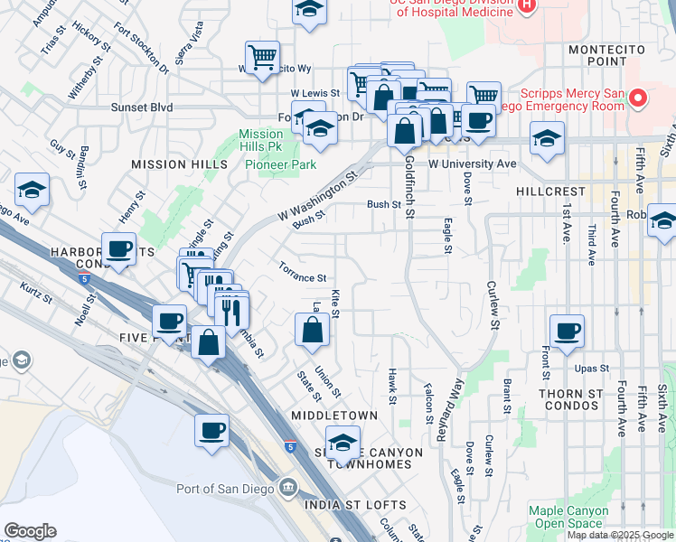 map of restaurants, bars, coffee shops, grocery stores, and more near 1319 West Pennsylvania Avenue in San Diego