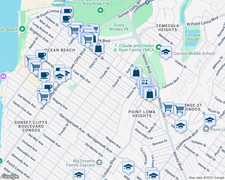 map of restaurants, bars, coffee shops, grocery stores, and more near 4519 Brighton Avenue in San Diego
