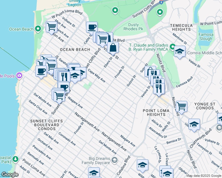 map of restaurants, bars, coffee shops, grocery stores, and more near 4580 Cape May Avenue in San Diego