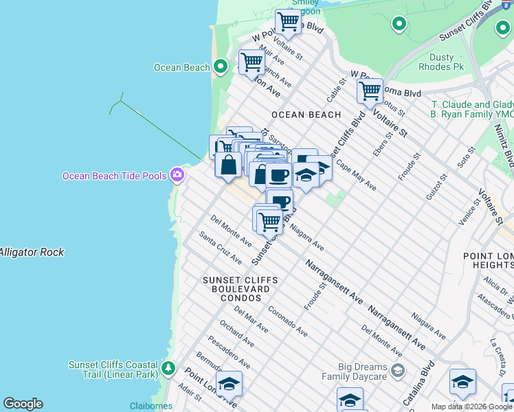 map of restaurants, bars, coffee shops, grocery stores, and more near 4915 Niagara Avenue in San Diego