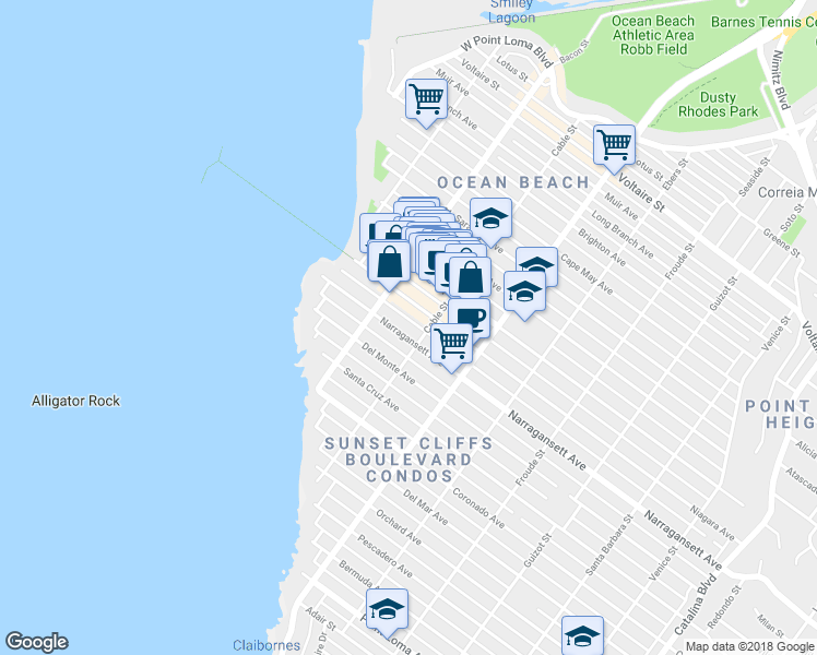 map of restaurants, bars, coffee shops, grocery stores, and more near 4915 Niagara Avenue in San Diego