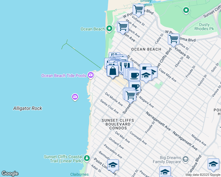 map of restaurants, bars, coffee shops, grocery stores, and more near 4972 Narragansett Avenue in San Diego