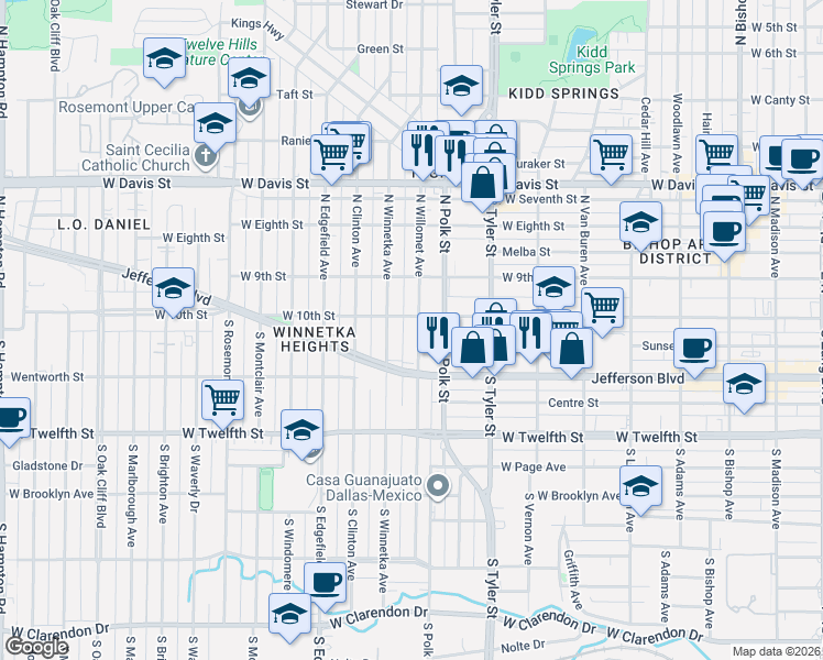 map of restaurants, bars, coffee shops, grocery stores, and more near 102 South Willomet Avenue in Dallas