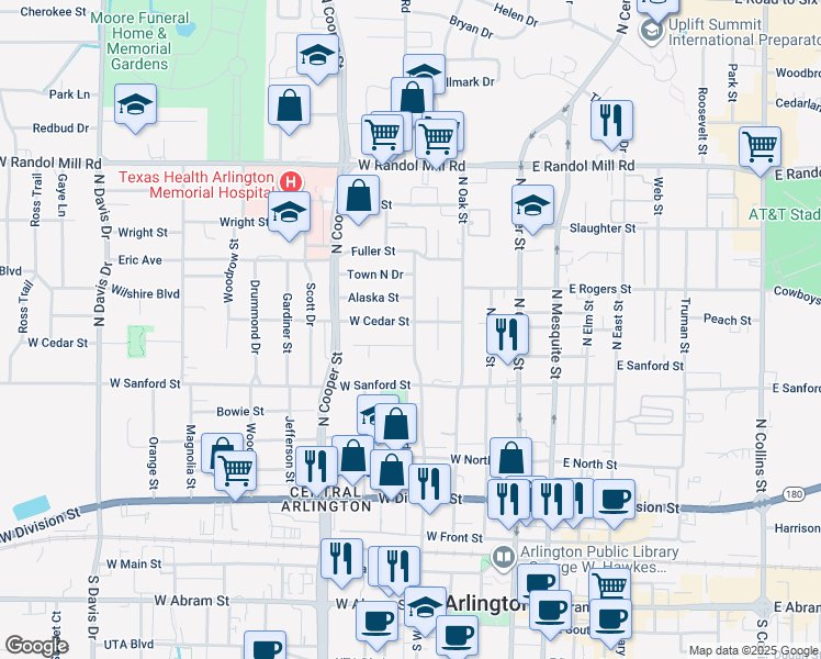 map of restaurants, bars, coffee shops, grocery stores, and more near 508 West Cedar Street in Arlington