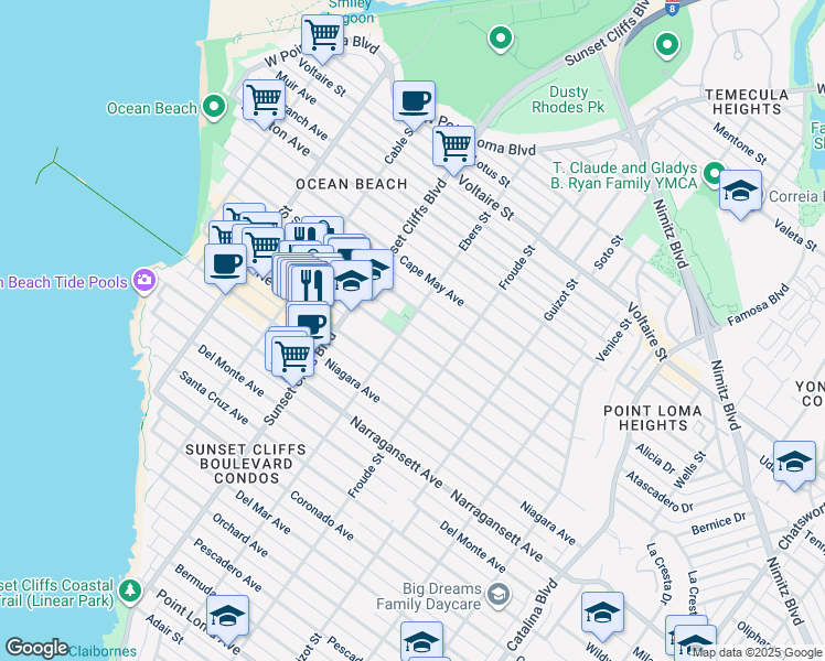 map of restaurants, bars, coffee shops, grocery stores, and more near 1971 Ebers Street in San Diego