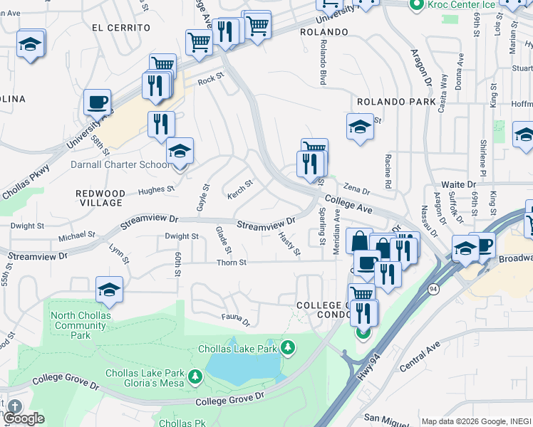 map of restaurants, bars, coffee shops, grocery stores, and more near 6225 Romo Street in San Diego