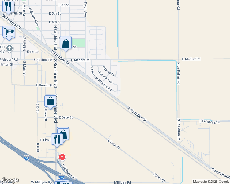 map of restaurants, bars, coffee shops, grocery stores, and more near 285 Apache Avenue in Eloy