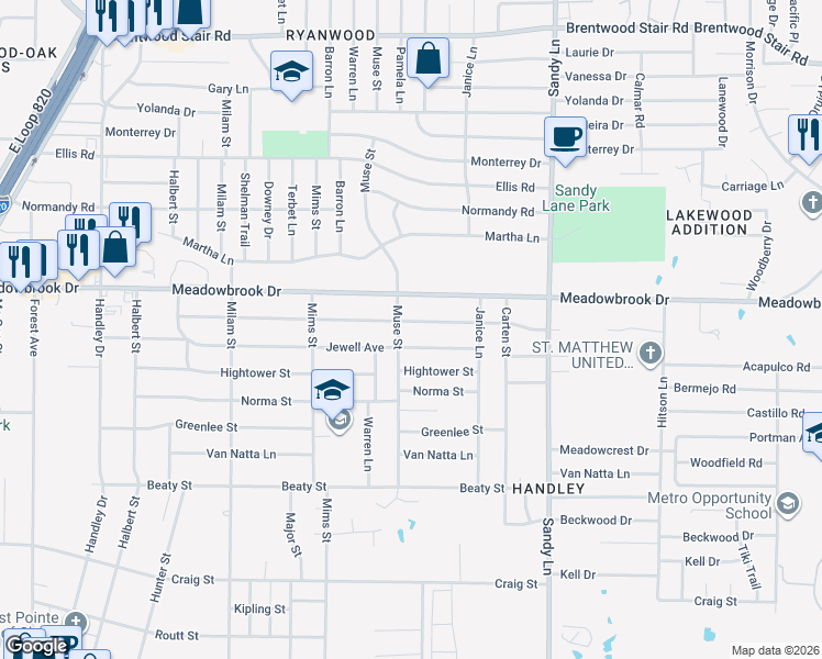 map of restaurants, bars, coffee shops, grocery stores, and more near 7201 Robinhood Lane in Fort Worth